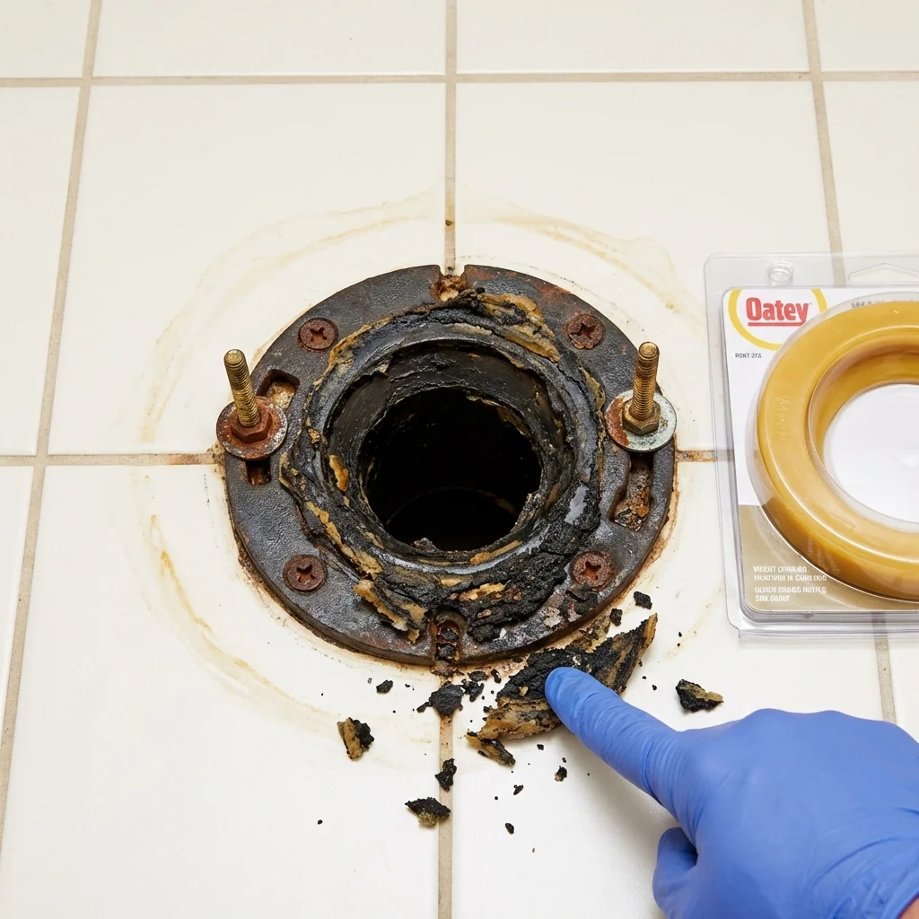 Failed wax ring showing water seepage at the base of a toilet in a Hudson, NC home