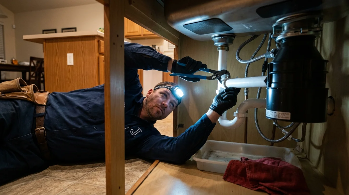 P-trap and supply line connections under a kitchen sink showing a common leak point in Hudson, NC